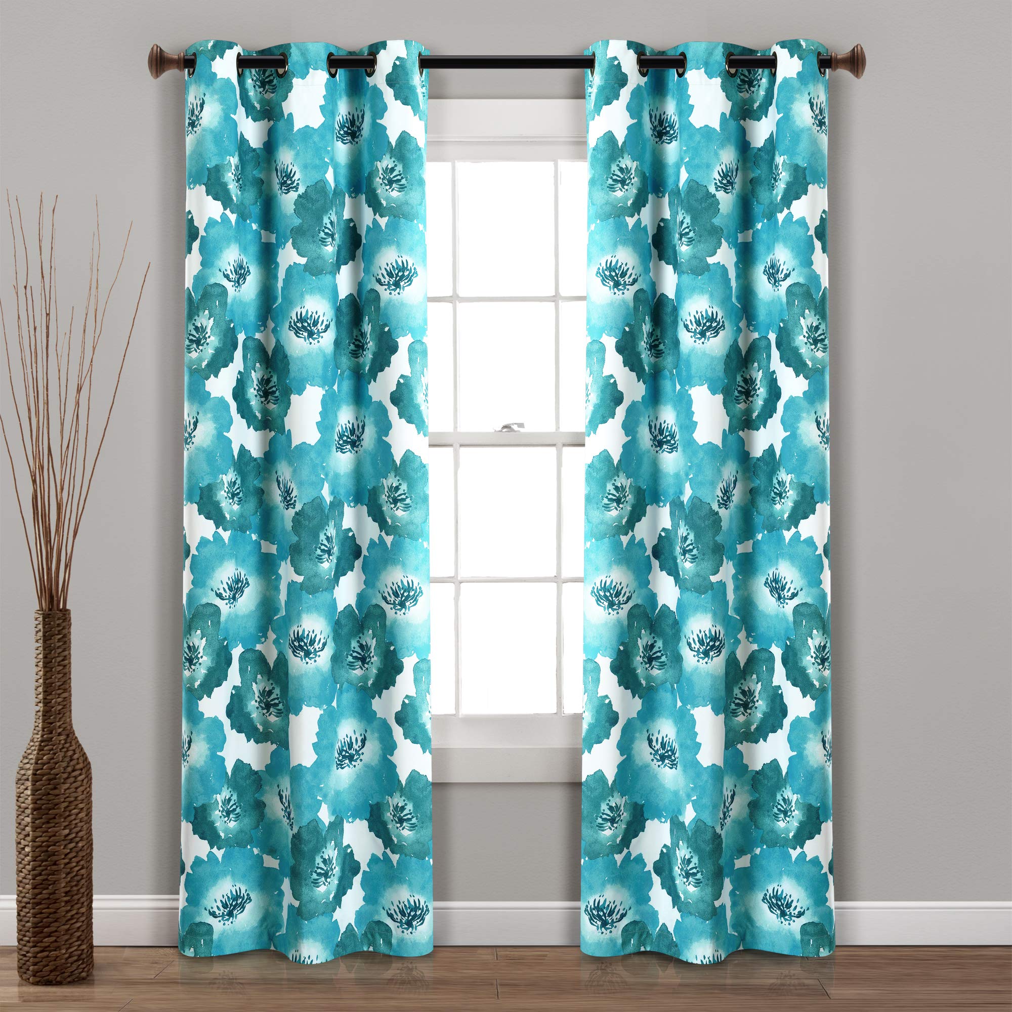 Lush Decor Julie Floral Insulated Grommet 100% Blackout Window Curtain Panels, Pair, 38' W X 84' L, Blue & Teal - Spring Flora
