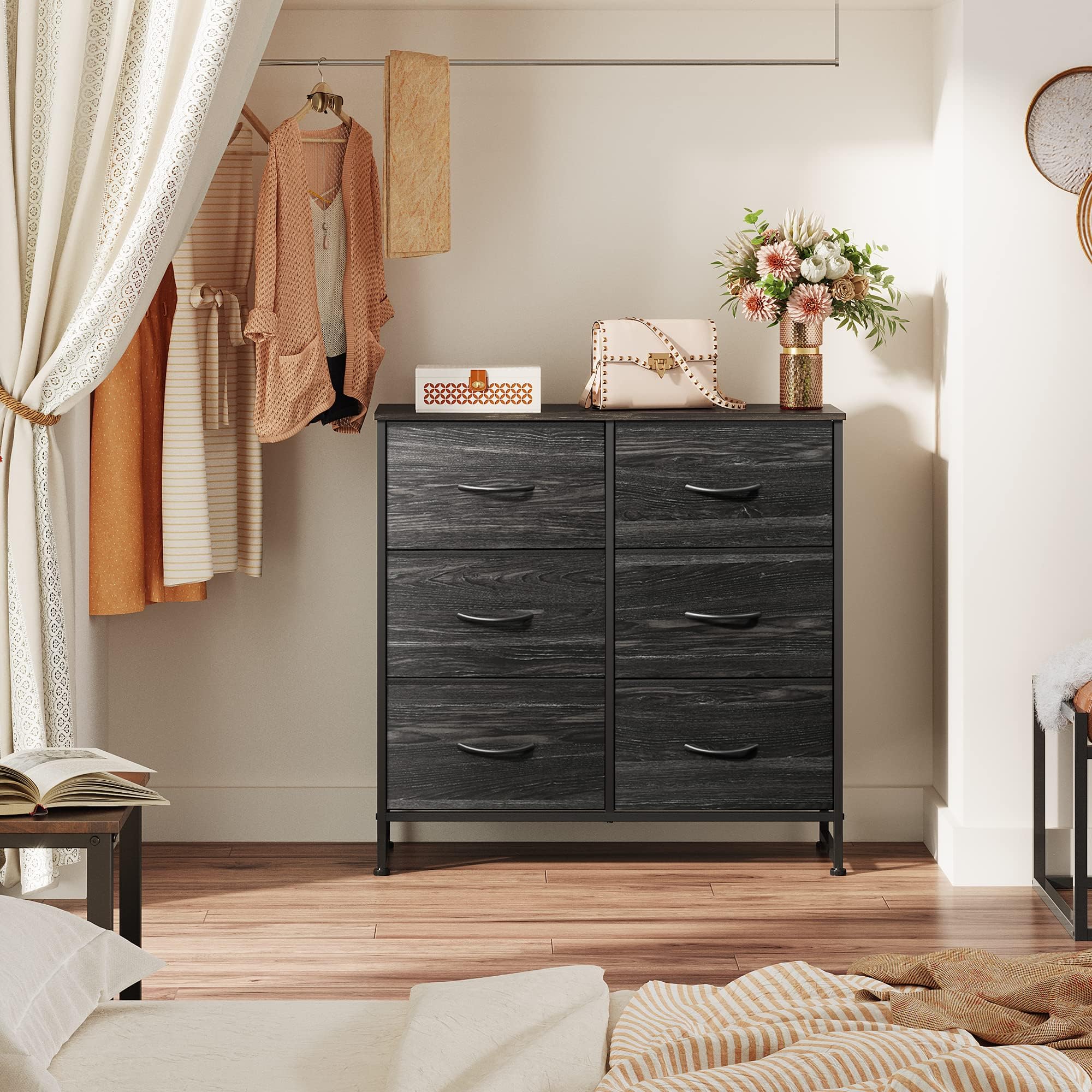 Wlive Black Dresser For Bedroom, 6 Drawer Double Dresser, Fabric Storage Tower With Fabric Bins, Chest Of Drawers For Closet, Living Room, Hallway