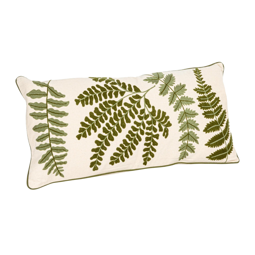 Creative Co-Op Lumbar Pillow DA6357 Cotton Embroidered Green Fern Cream 32x14 inches