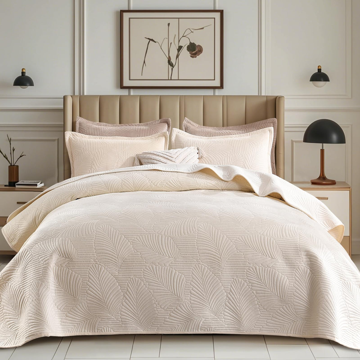 Grassix Velvet Quilt Set King Size, 3 Pieces Lightweight Summer Quilt Bedding Set, Luxury Soft Cream White Bedspread With 2 Pill