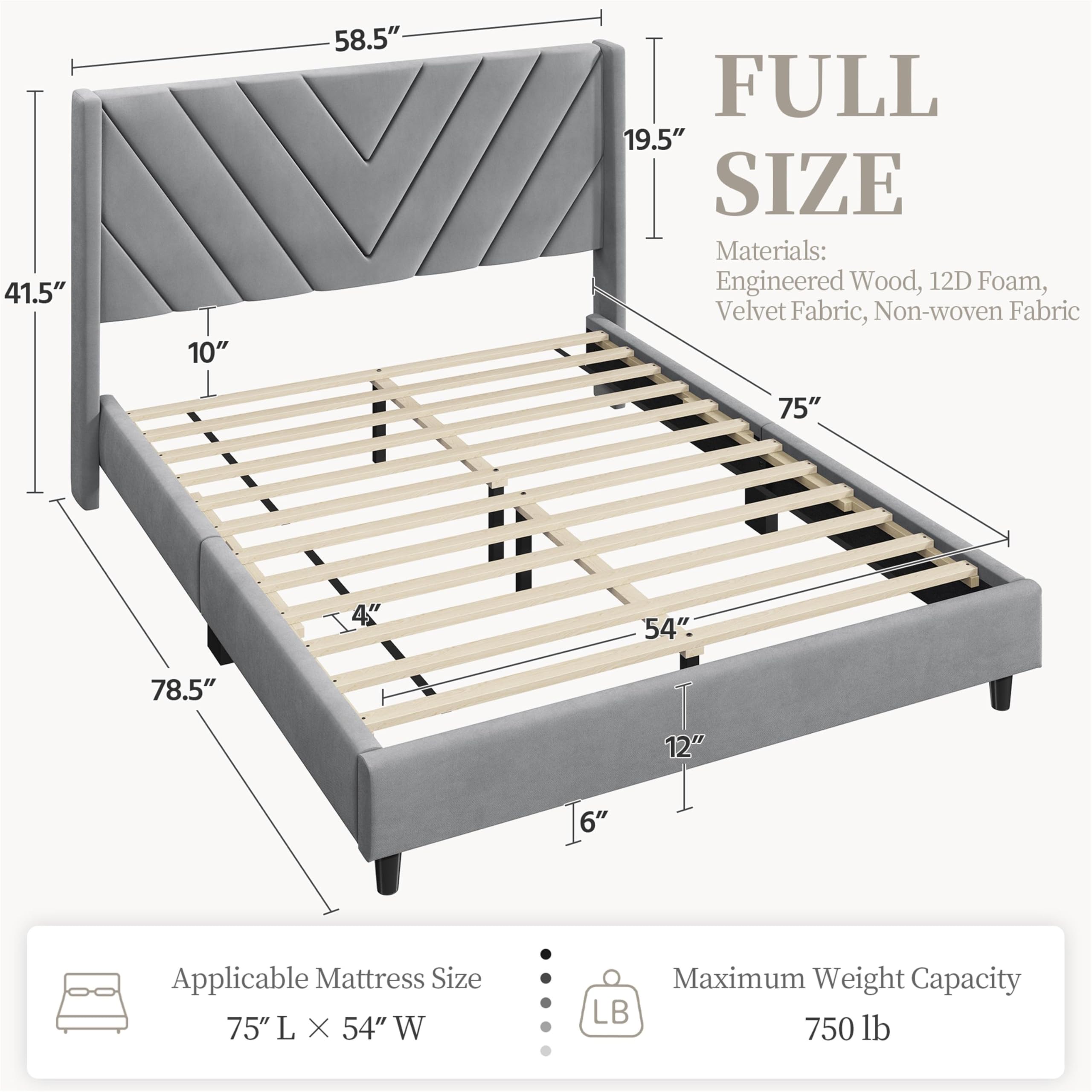 Yaheetech Full Bed Frame Upholstered Platform Bed With Wing Side Tufted Headboard/Sturdy Wooden Slat Support/No Box Spring Needed/Mattress Foundation,Light Gray Full Bed