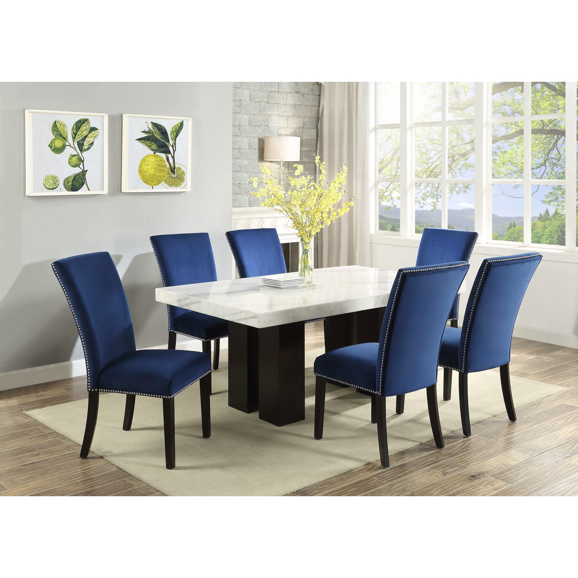 Steve Silver Camila Dining Chairs, Set of 2 Side Chairs, Upscale Styled Blue Velvet Material, Nailhead Trim, Modern Twist, Syurdy Solid Wood Legs, 20" L x 28" W x 41" H, Blue
