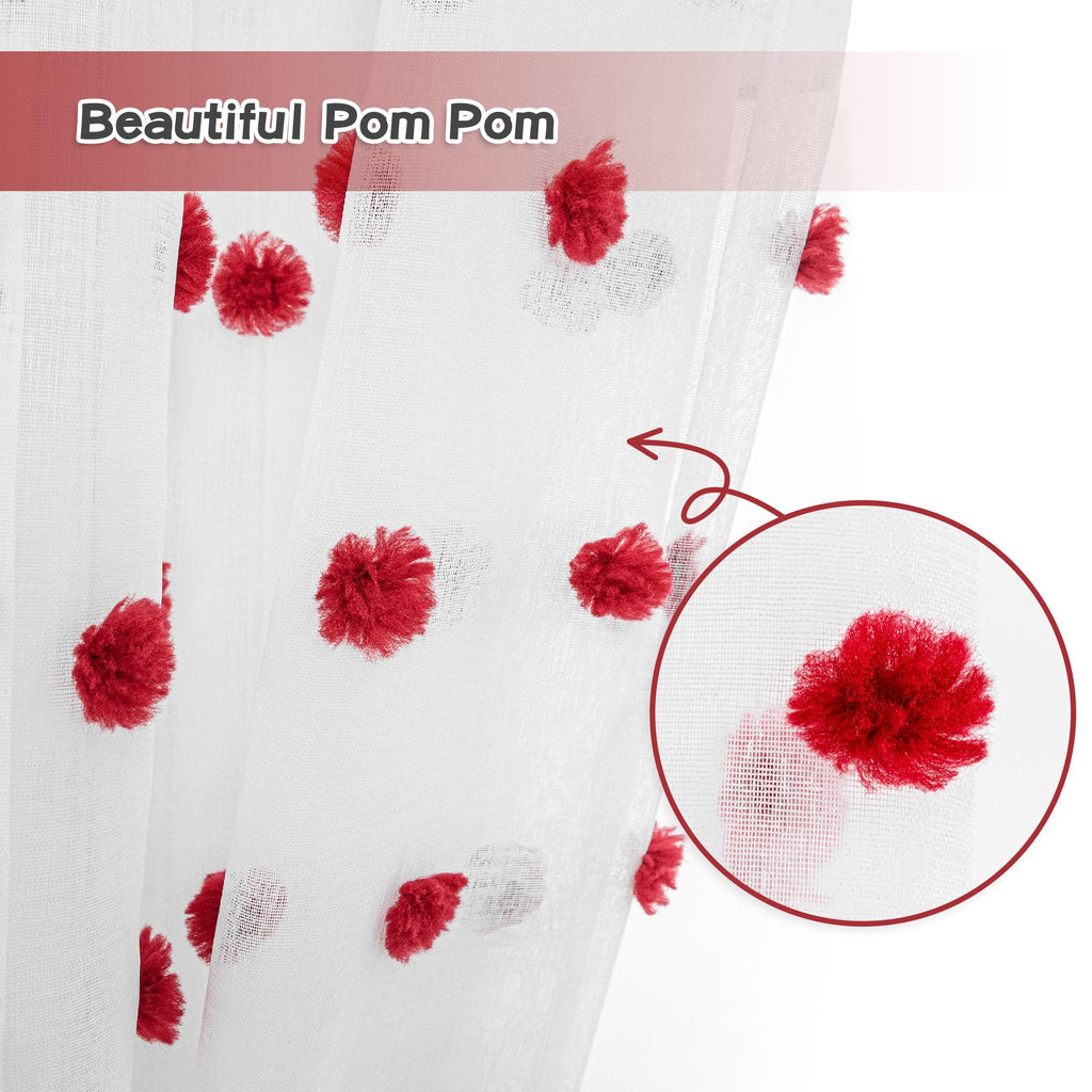 Mysky Home 95 Inch Long Christmas Curtains For Living Room Sliding Door Red Pom Pom White Shher Curtains For Bedroom Large Window Panels Dining Room Rod Pocket Privacy Protect 2 Sets 52' X 95'