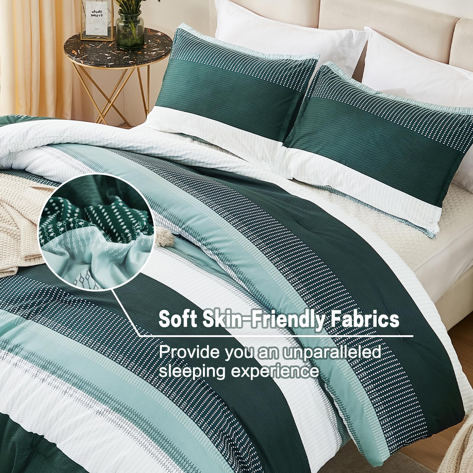 Litanika Dark Emerald Green Bed Comforter Full Set, 3 Pieces Hunter Green Bedding Set, Colorblock Stripe Vintage Style (79X90In