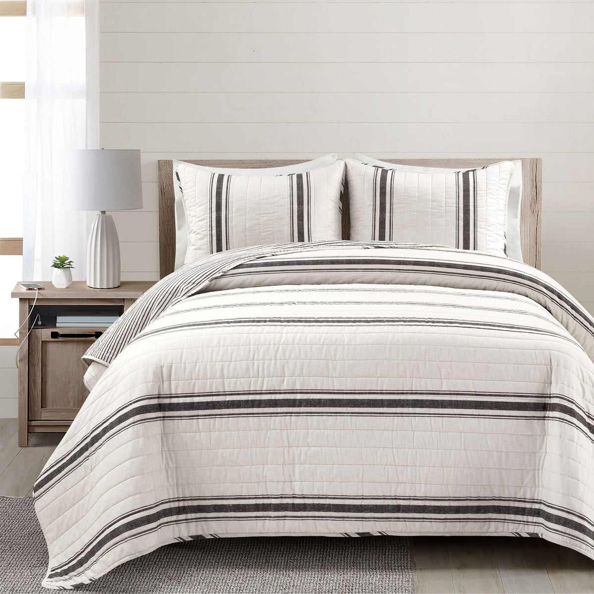 Lush Decor Farmhouse Stripe Reversible Quilt Set, 3 Piece Set, Full/ Queen, Black - Cozy Farmhouse Bedding Set - Rustic Decor -