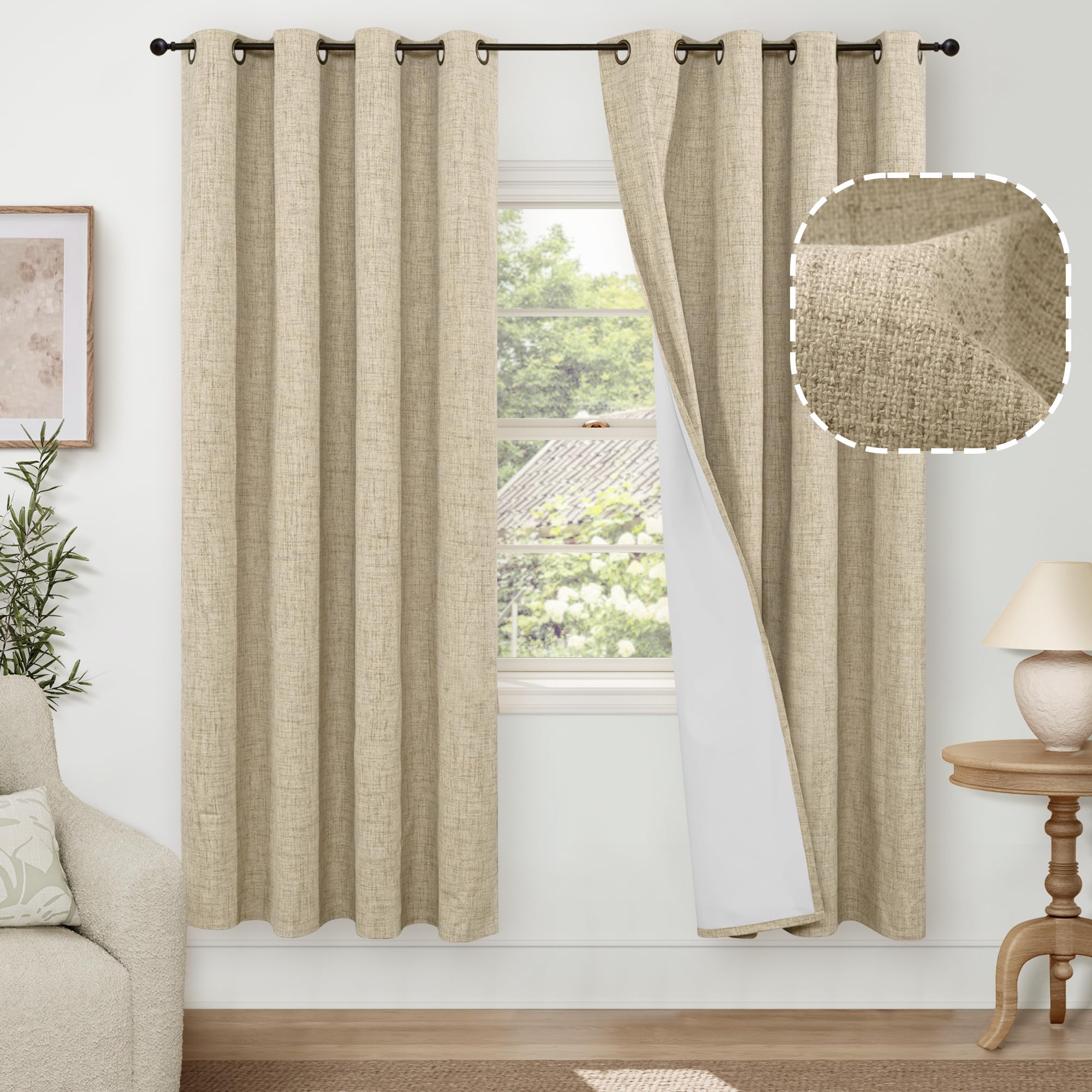 Lajode Faux Linen Blackout Living Room Curtains 72 Inch Long 2 Panels, Textured Black-Out Curtains For Bedroom Light Blocking, B
