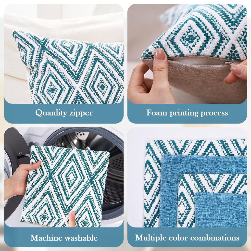 Hpuk Decorative Throw Pillow Covers Set Of 4 Geometric Design Linen Cushion Cover For Couch Sofa Living Room, 18'X18' Inches, Aqua Blue
