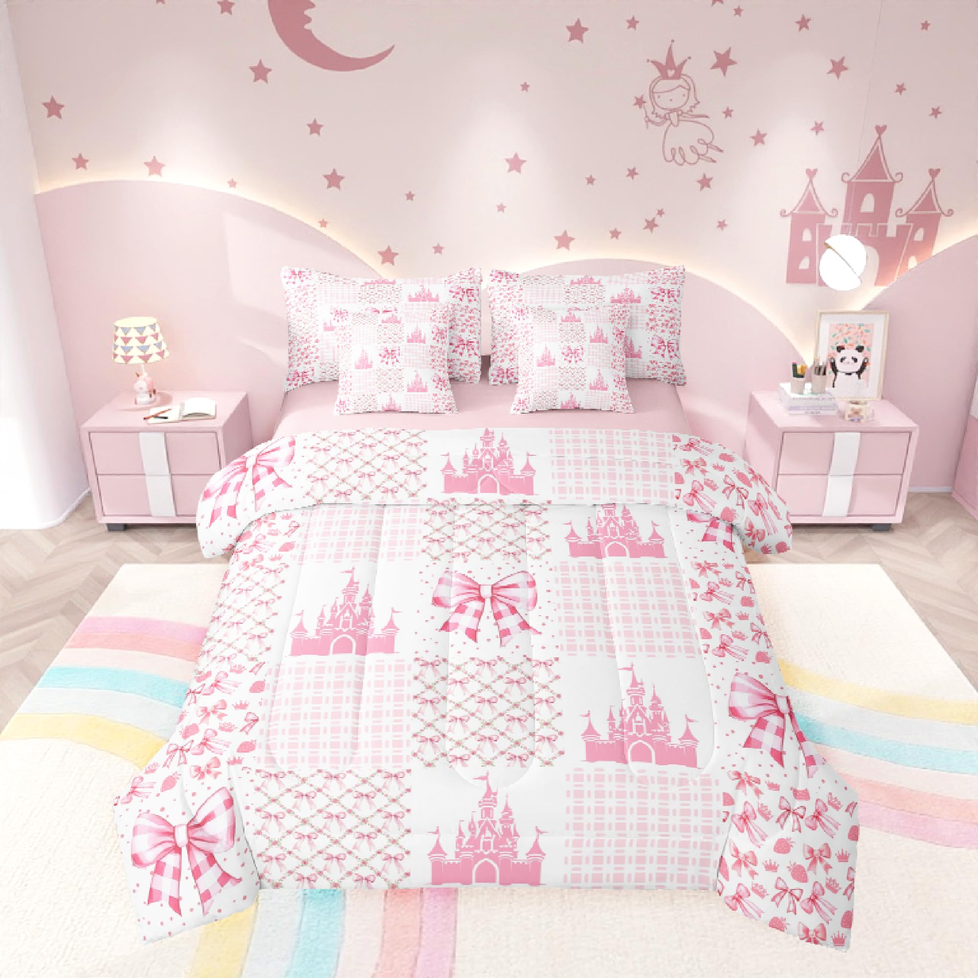 Manfei Princess Castle Comforter Set Full,Dreamy Bow-Tie Bowknot Fairy Tale Kawaii Bedding Set,Pink Geometric Plaids Patchwork B