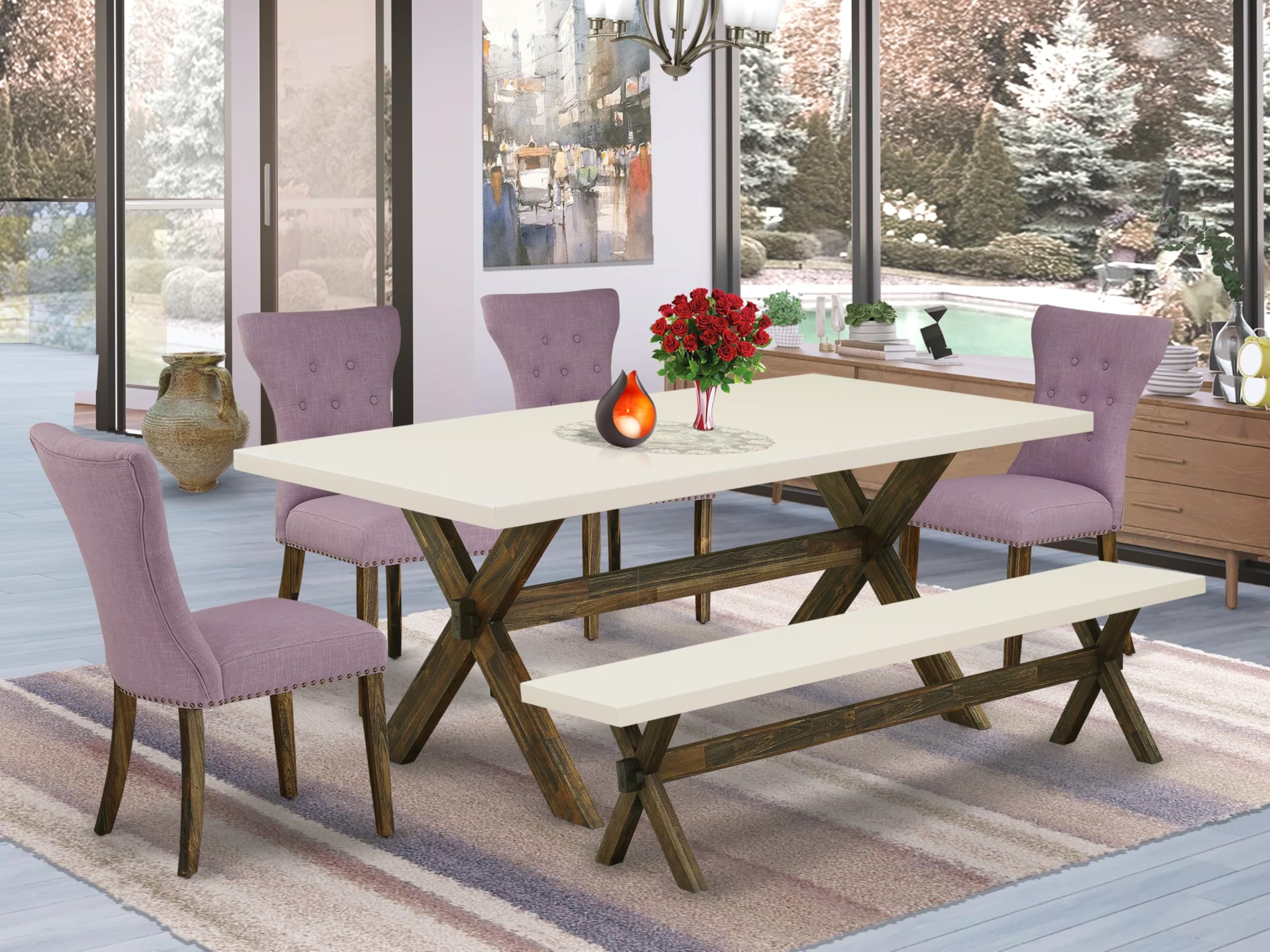 East West Furniture X727Ga740-6 6 Piece Dining Set Contains A Rectangle Dining Room Table With X-Legs And 4 Dahlia Linen Fabric Parson Chairs With A Bench, 40X72 Inch, Multi-Color