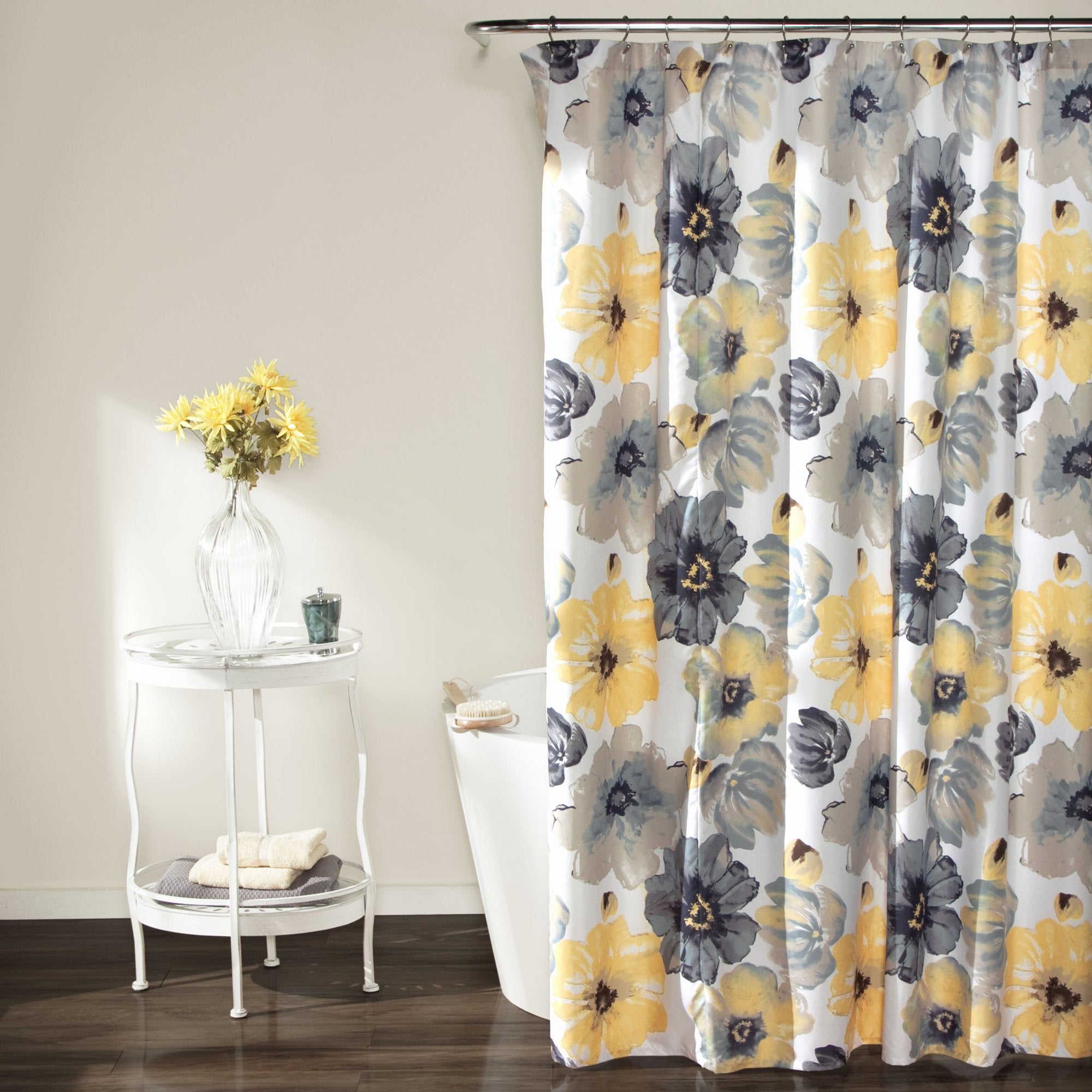 Lush Decor Leah Floral Shower Curtain, 72' W X 84' L, Yellow & Gray - Pretty Yellow Shower Curtain - Colorful Blooming Flowers