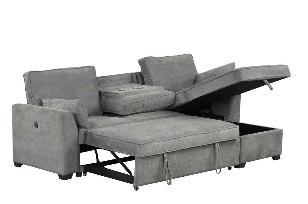 Lilola Home Ember 92&quot; W Gray Fabric Sleeper Sectional With Reversible Storage Chaise, Usb Charging Ports, And Cupholders