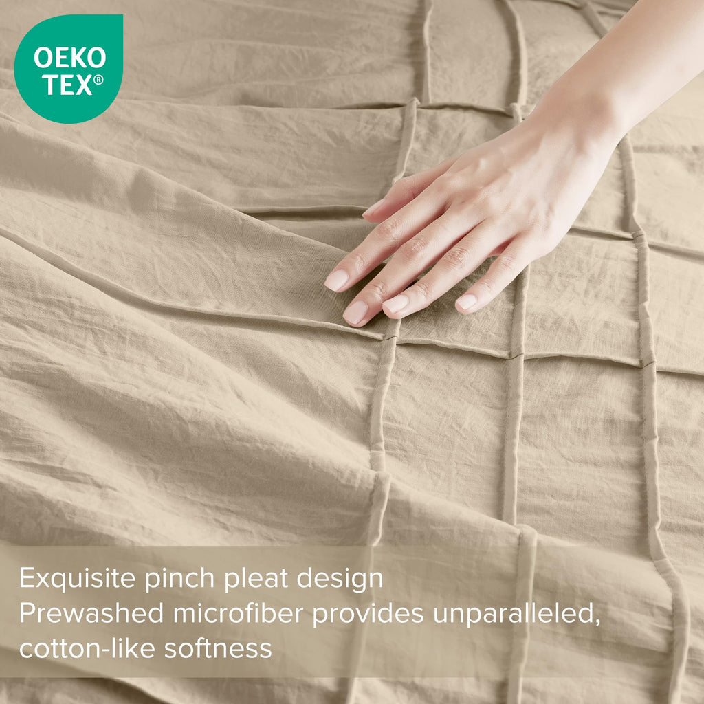 Comfort Spaces Khaki Full Size Duvet Cover Set - 3-Pc Pintuck Pleated Duvet Cover Full, All Season Lightweight, Extra Softness Pre-Washed Microfiber Full Bed Cover Shams, Full