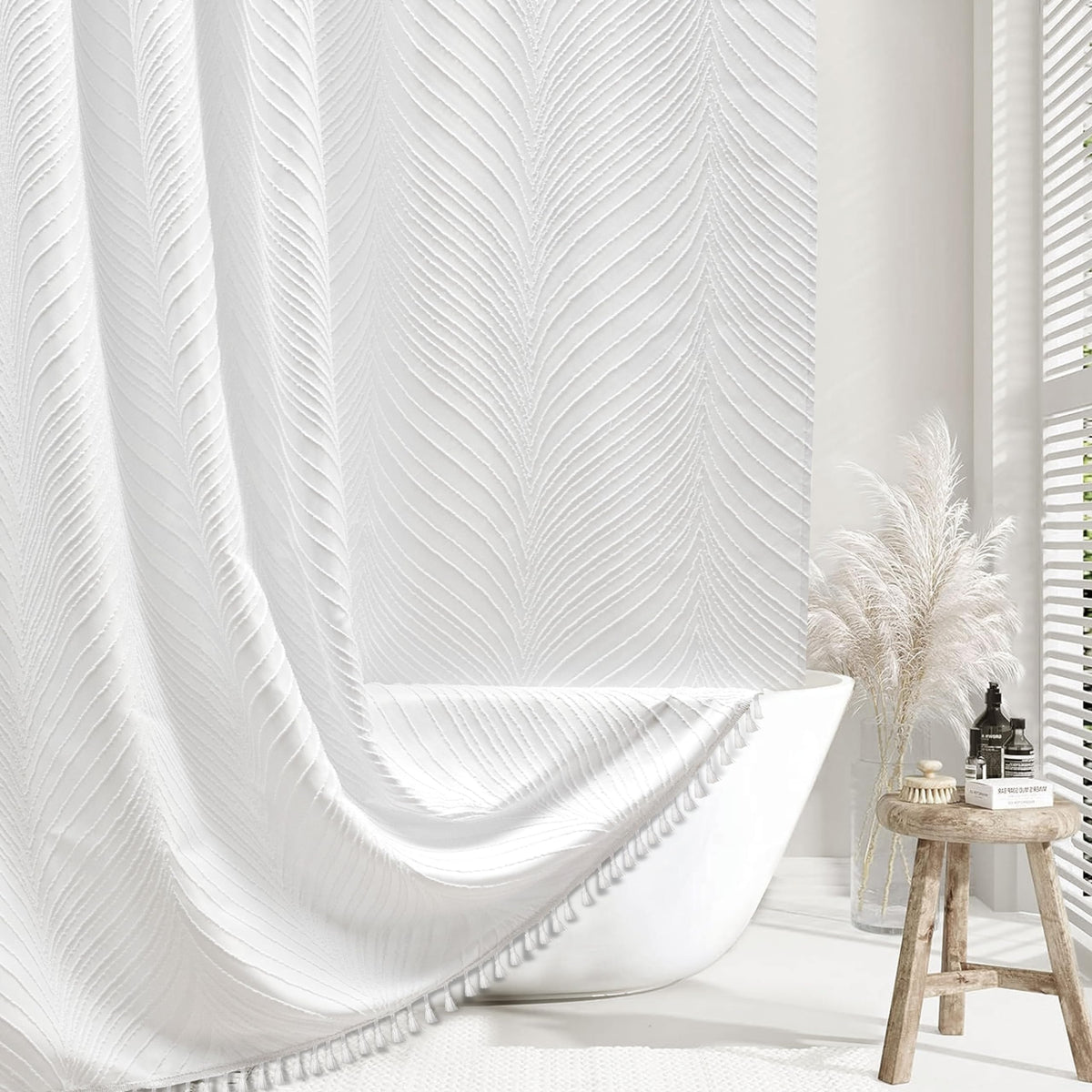 Siiluminisoy Extra Long White Boho Shower Curtain Woven Fabric Cute 84 Inch Shower Curtain, 72 X 84 Tufted Leaves Textured Strip