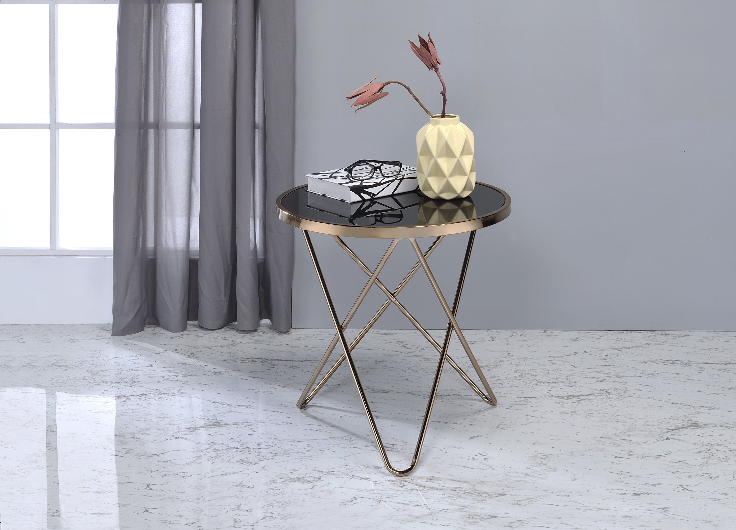 Acme Valora End Table In Black Glass And Champagne