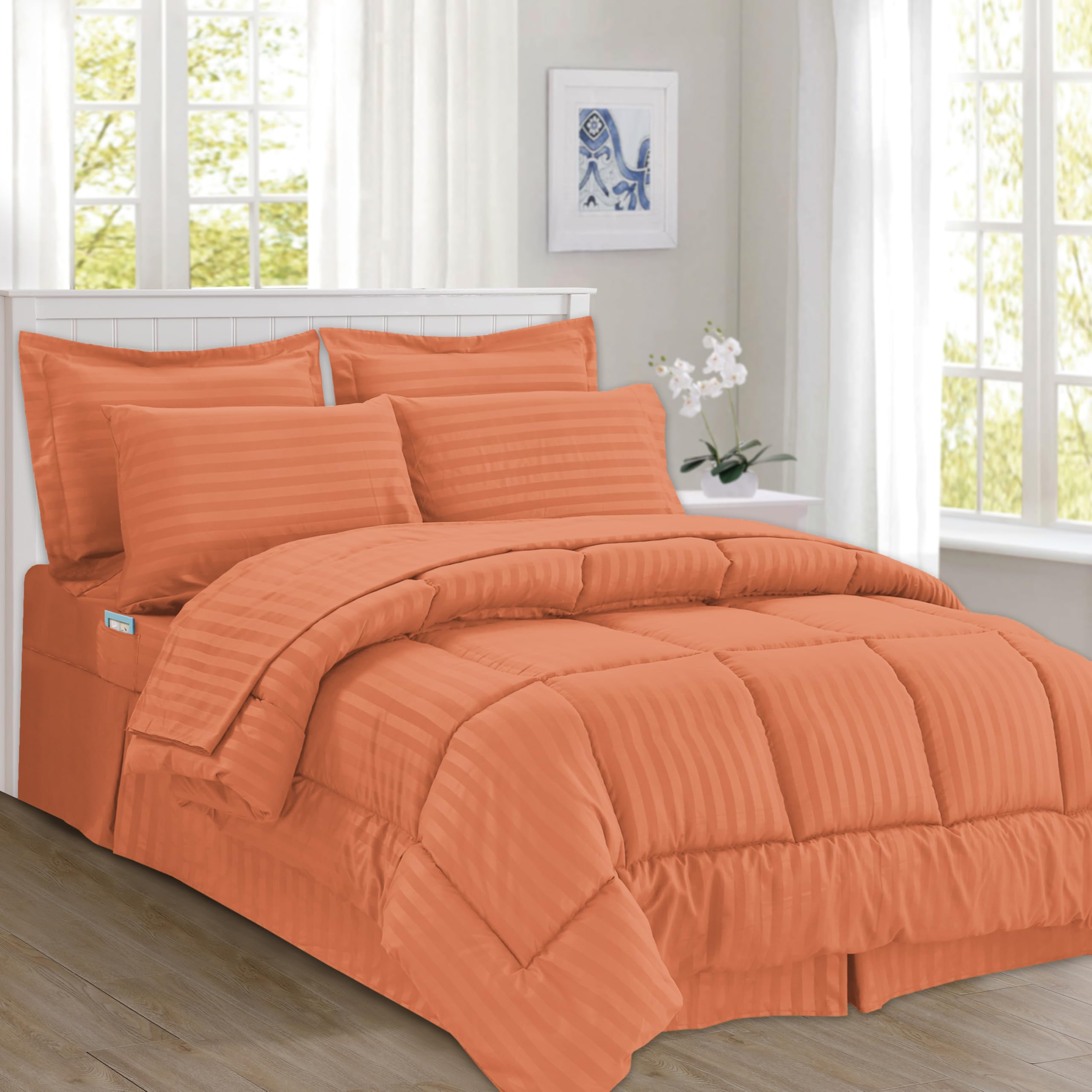 Elegant Comfort Silky Soft 8-Piece Dobby Stripe Bed-In-A-Bag Comforter Set, Includes 4Pc Smart Sheet Set, Bed Skirt, Comforter, Matching Pillowcases And Shams - King/California King, Coral