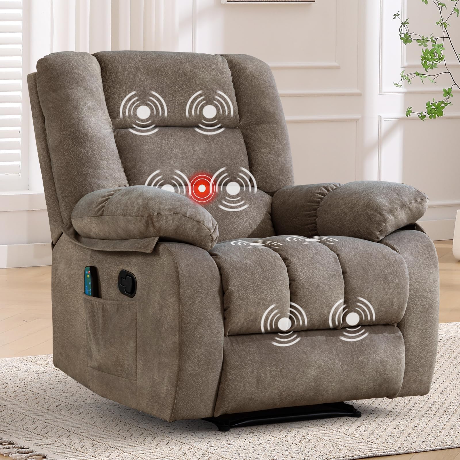 Anjhome Overstuffed Massage Recliner Chairs With Heat And Vibration, Soft Fabric Single Manual Reclining Chair For Living Room
