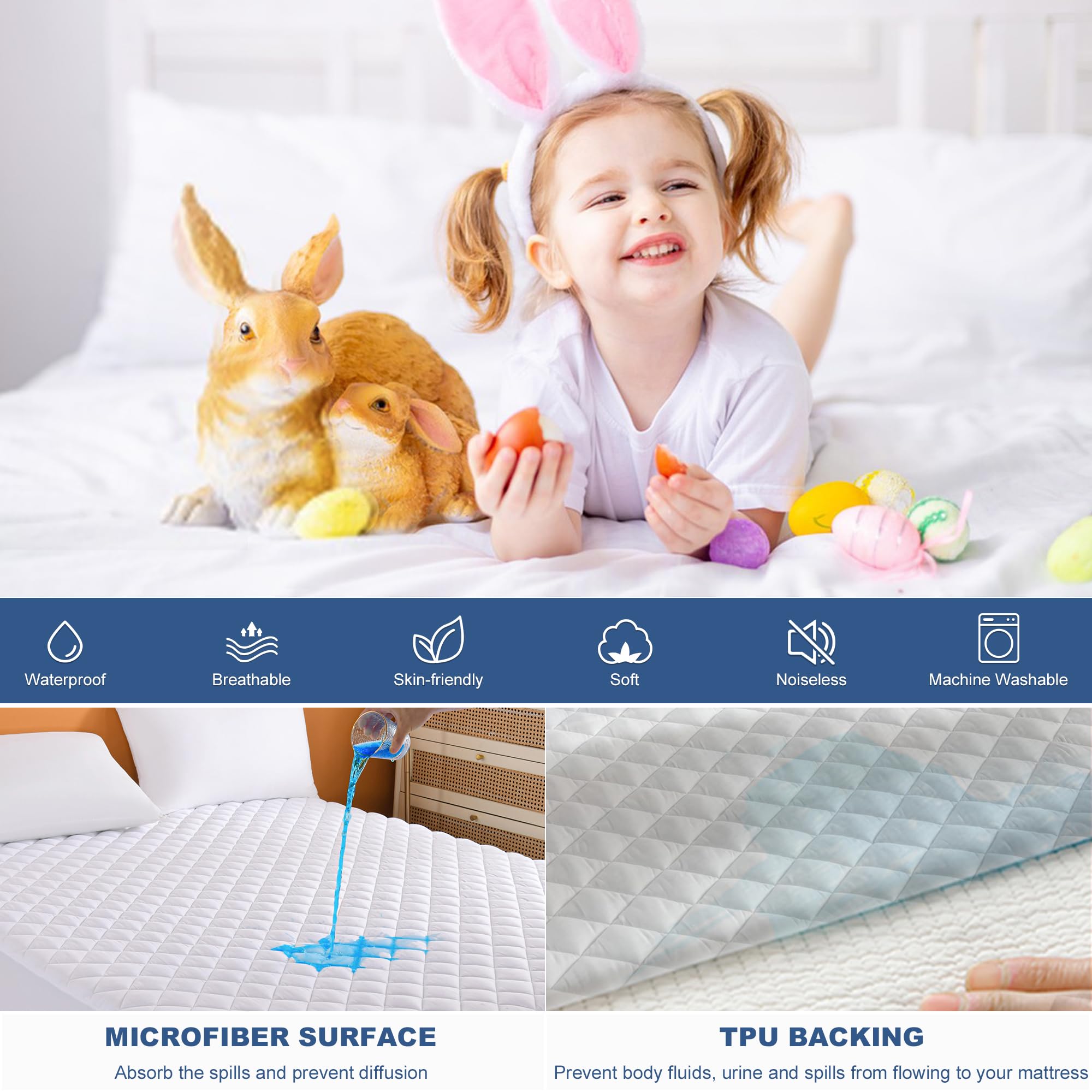 Grt Cali King Waterproof Mattress Pad, 100% Waterproof Quilted Fitted Mattress Protector, Noiseless Hollow Cotton Mattress Cover