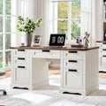 RedLemon 60'' Farmhouse Executive Desk with Drawers, Wood Home Office Desk w/Charging Station, Keyboard Tray, File Drawer, Stora