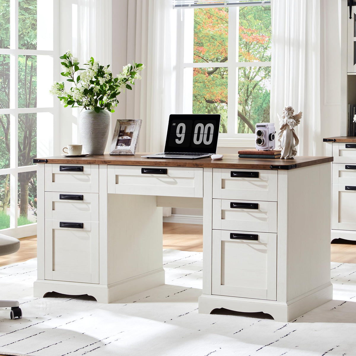 RedLemon 60'' Farmhouse Executive Desk with Drawers, Wood Home Office Desk w/Charging Station, Keyboard Tray, File Drawer, Stora