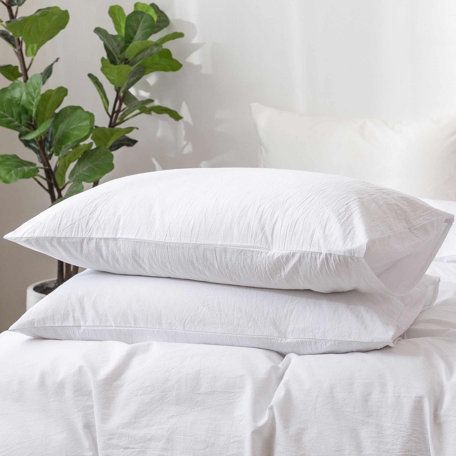 Moomee Bedding Pillowcases Pack Of 2 100% Washed Cotton Linen Like Textured Breathable Durable Soft Comfy (Bright White, King)