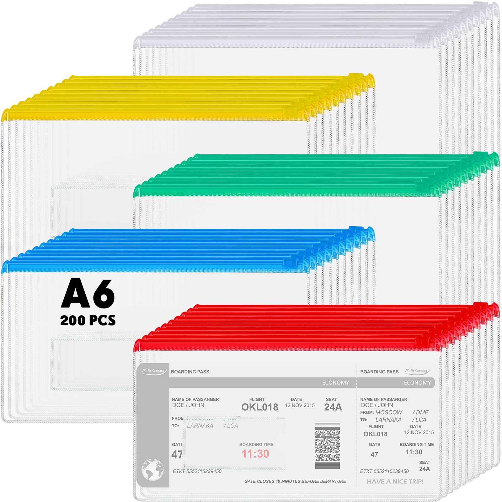 Zhehao 200 Pcs Poly Envelopes Zip Bulk,Clear Pencil Pouch, Plastic Pencil Cases With Label Zippered, A6 Size Reusable Bill File