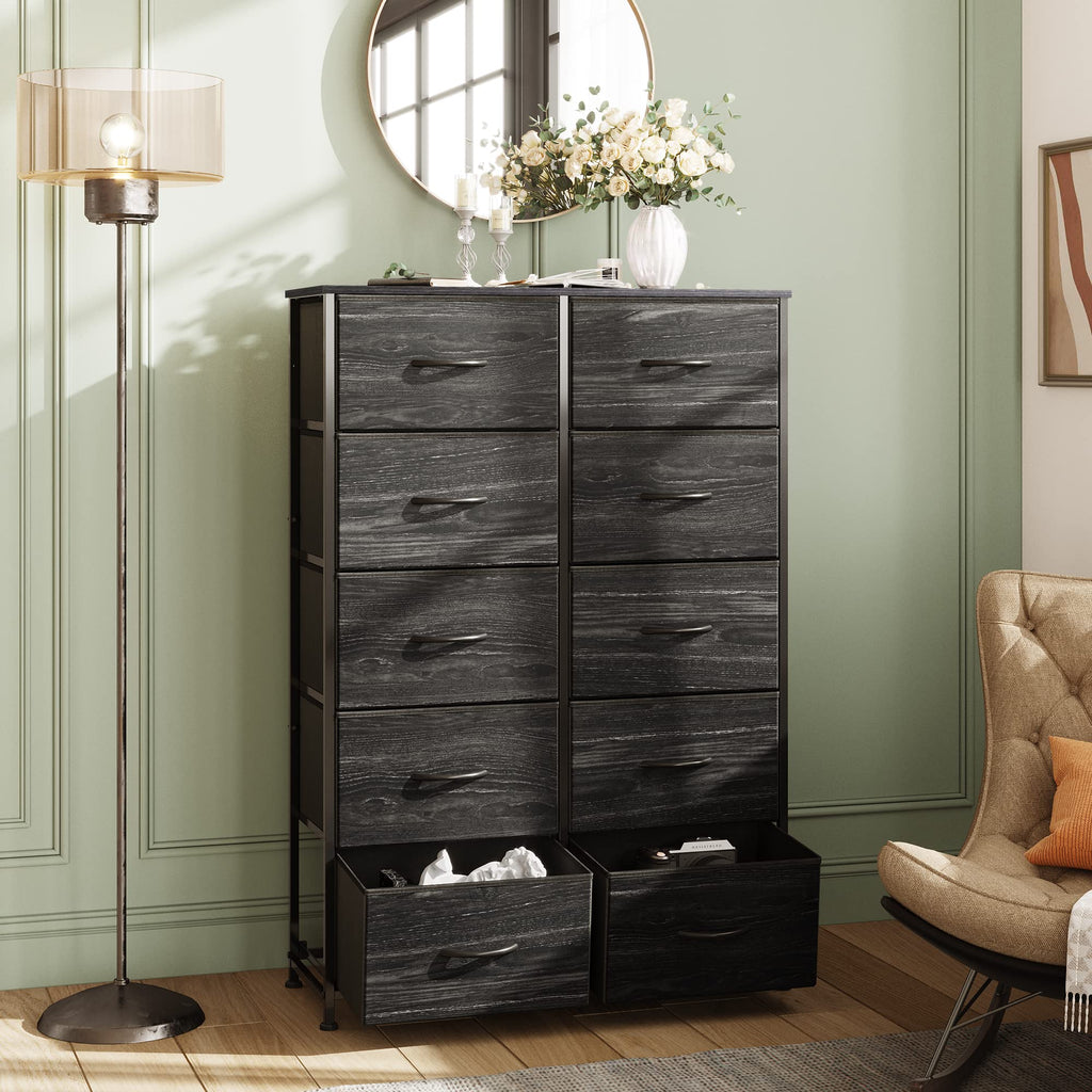 Wlive 10-Drawer Dresser, Fabric Storage Tower For Bedroom, Hallway, Nursery, Closets, Tall Chest Organizer Unit With Fabric Bins, Steel Frame, Wood Top, Pull Handle, Charcoal Black Wood Grain Print