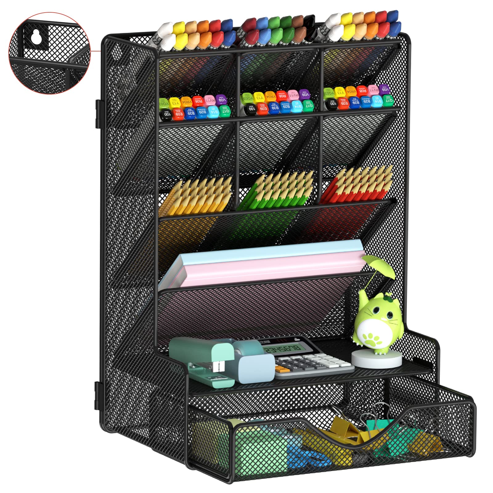 Pen Organizer For Desk, Multi-Functional Desk Organizer, Wall Mount Pen Holder With Drawer For School, Office, Home, Art Supplie