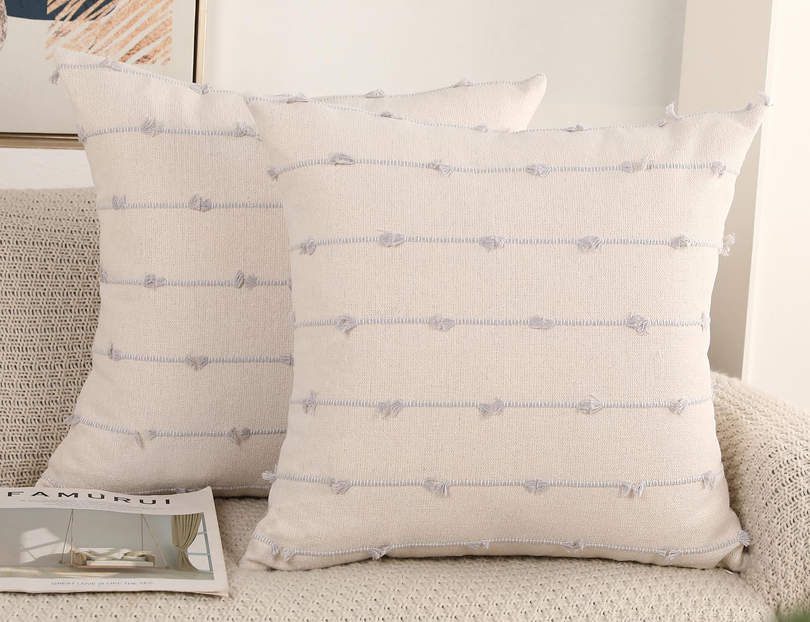 NUYECY Set of 2 Boho Throw Pillow Covers 26x26,Stone Grey and White Neutral Couch Pillow Case with Tassel Fringe Decorative,Mode
