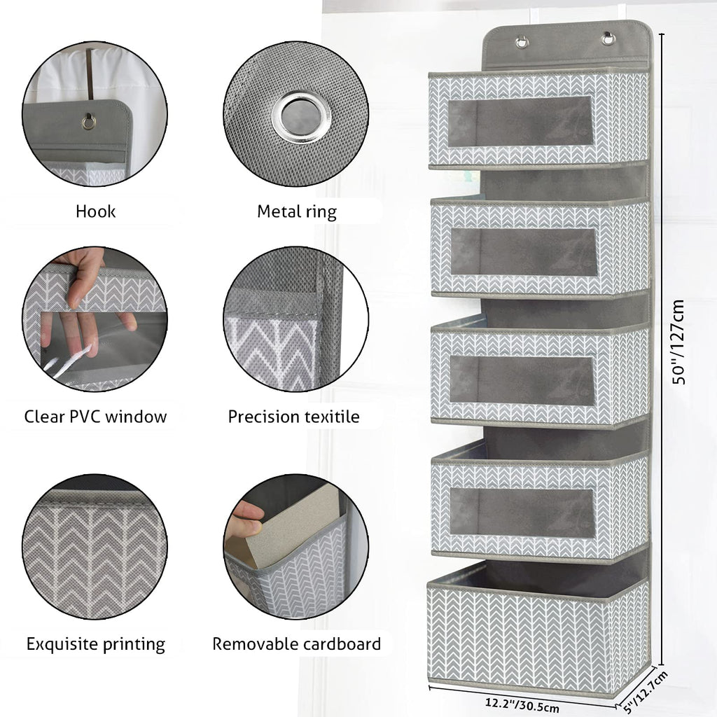 Over The Door Hanging Organizer With 5 Large Pockets - Wall Mount Pantry Storage With Clear Pvc Window & 2 Big Metal Hooks For C