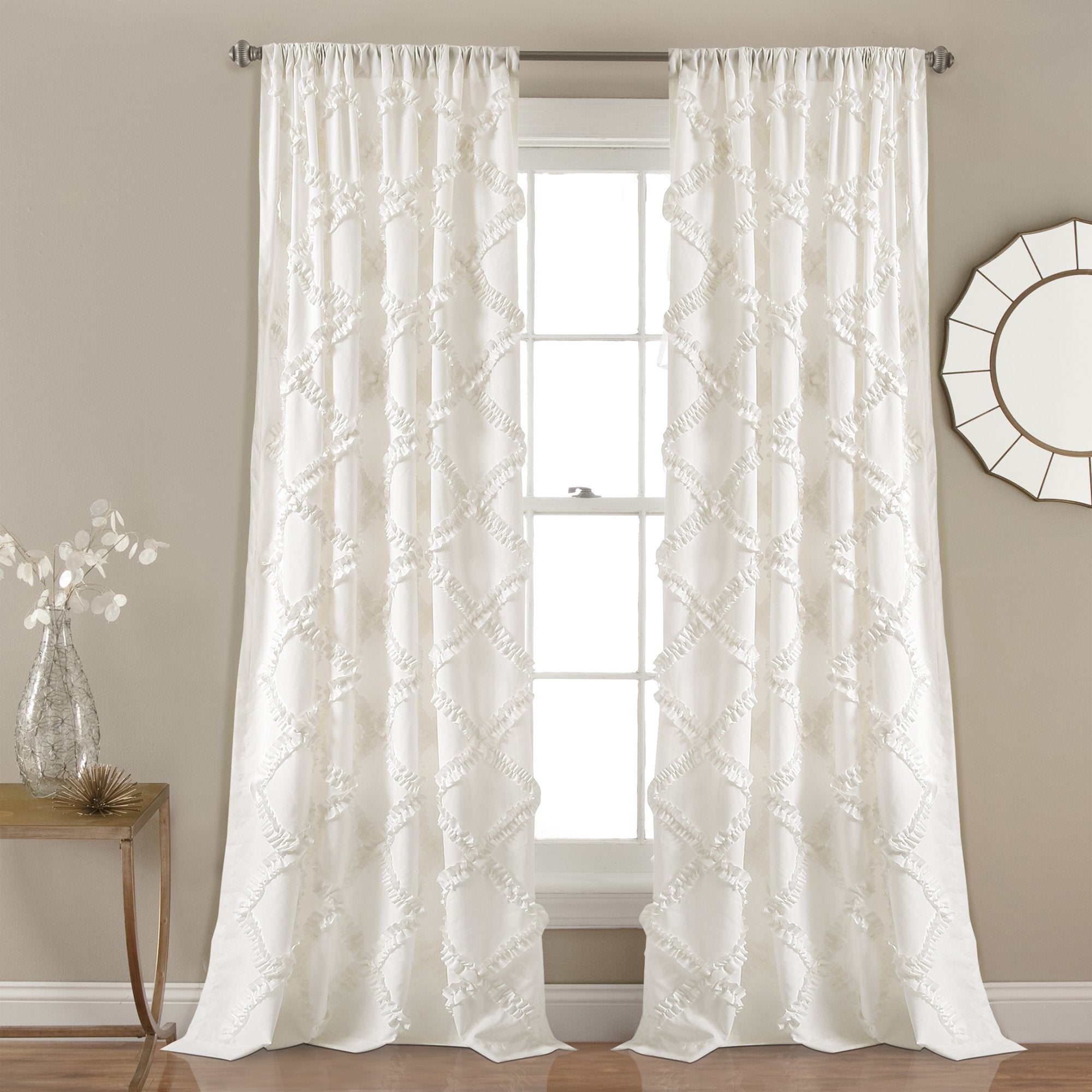 Lush Decor, White Ruffle Diamond Curtains Textured Window Panel Set for Living, Dining Room, Bedroom (Pair), 84    x 54, 2 Count