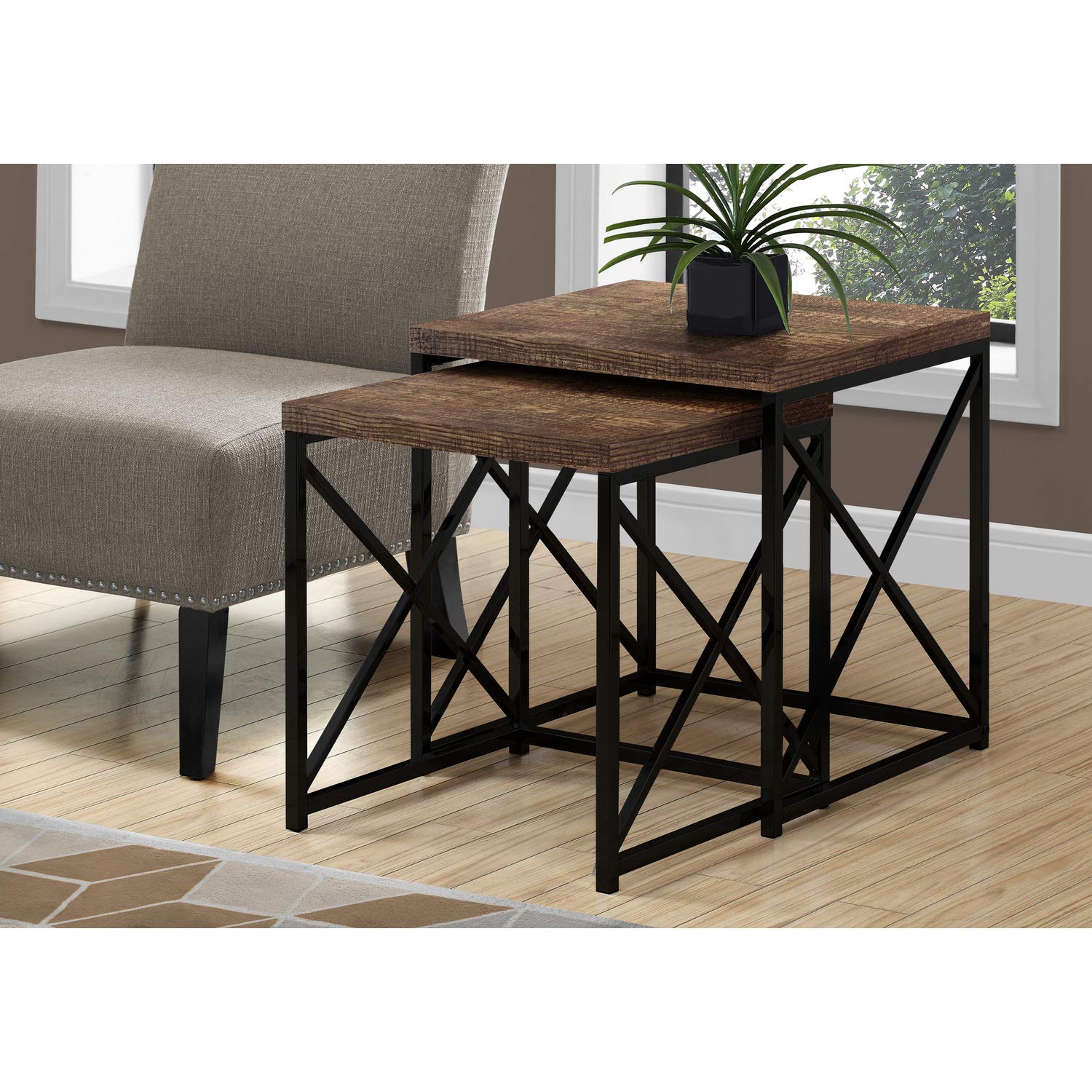 Monarch Specialties TABLE-2PCS SET/BROWN RECLAIMED WOOD/BLACK NESTING TABLE