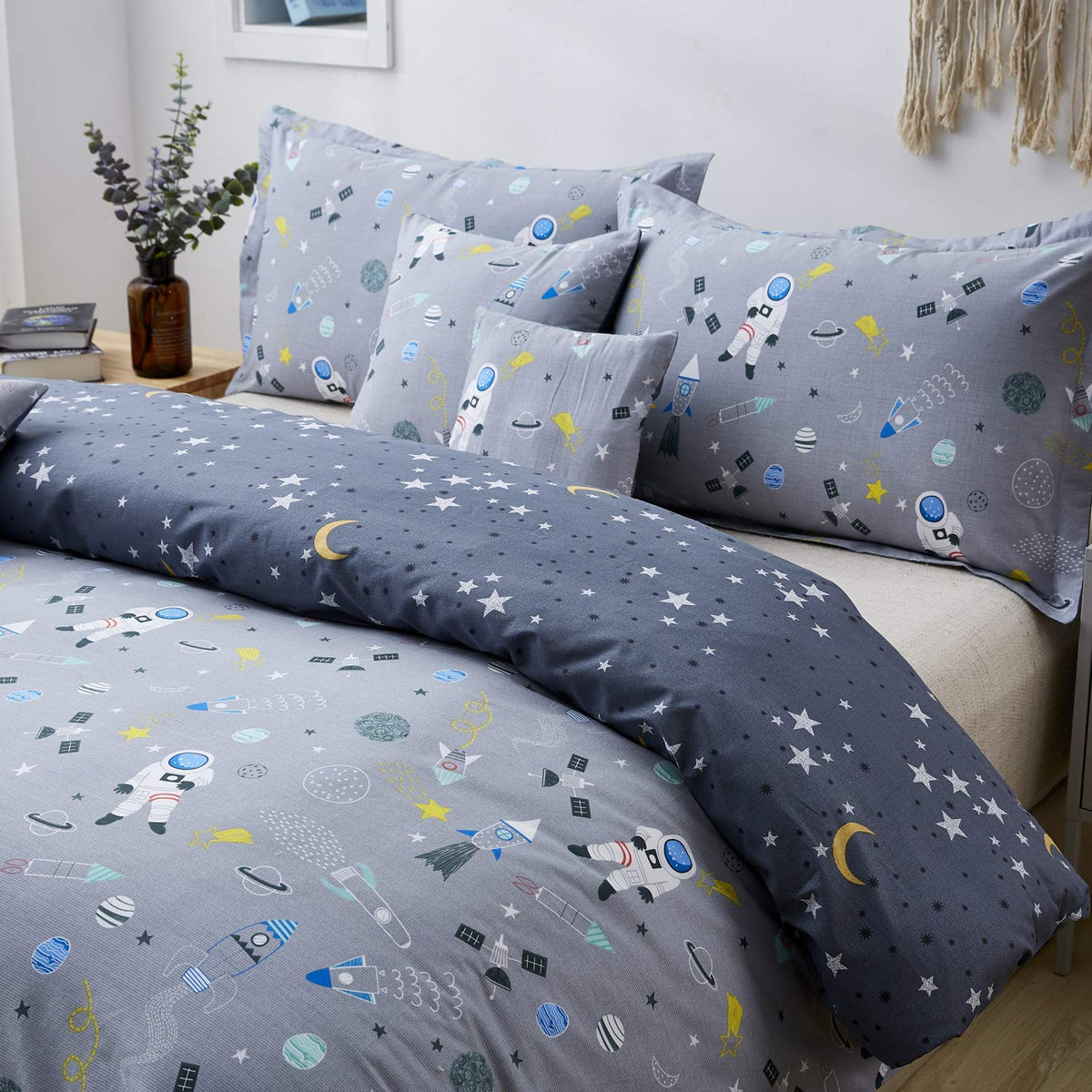 Brandream Boys Space Bedding Kids Bedding Sets Full Size Grey Astronaut 100% Cotton Duvet Cover Sets Reversible Zipper Closure(N