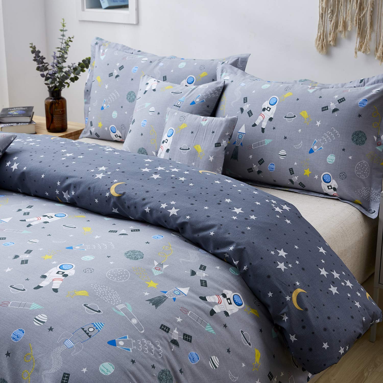 Brandream Boys Space Bedding Kids Bedding Sets Full Size Grey Astronaut 100% Cotton Duvet Cover Sets Reversible Zipper Closure(N