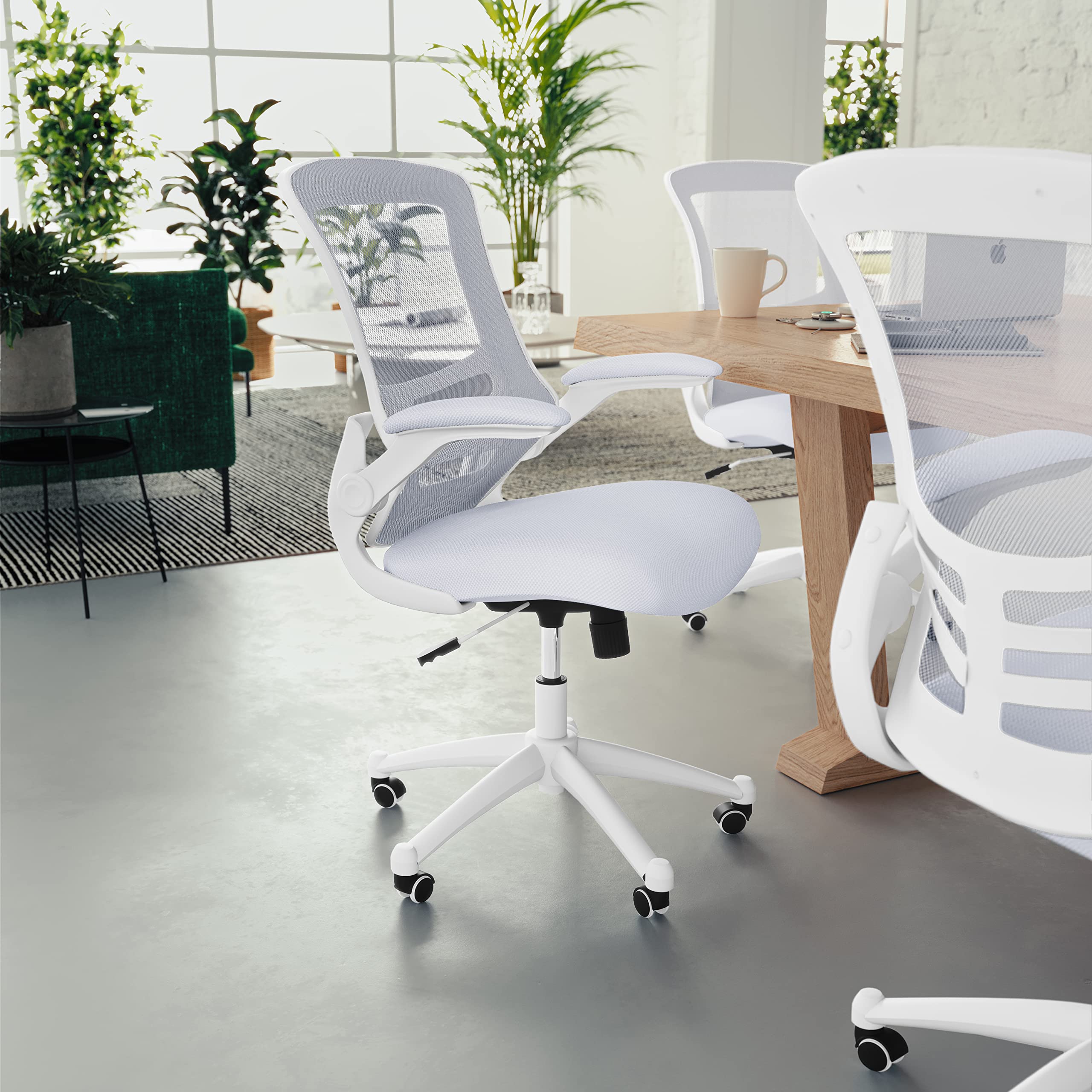 Flash Furniture Kelista Mid-Back Swivel Office Chair with Adjustable Lumbar Support and Seat Height, Ergonomic Mesh Desk Chair with Flip-Up Armrests, White