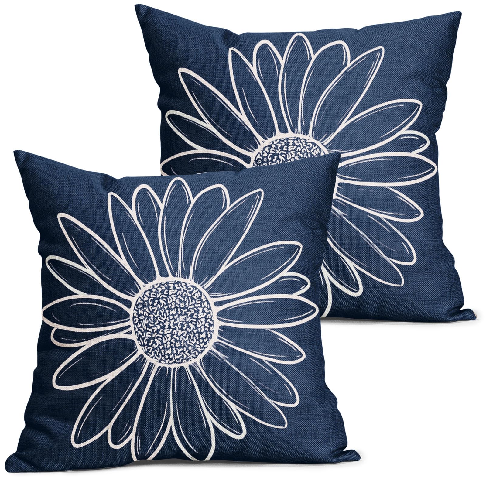 Spring Summer Daisy Flowers Pillow Covers 18X18 Inch Navy Blue Floral Bloom Decorative Pillow Cases Seasonal Modern Cotton Linen