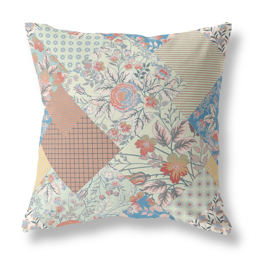 HomeRoots Cream Red Blue Broadcloth Cream Red Boho Floral Indoor Outdoor Throw Pillow