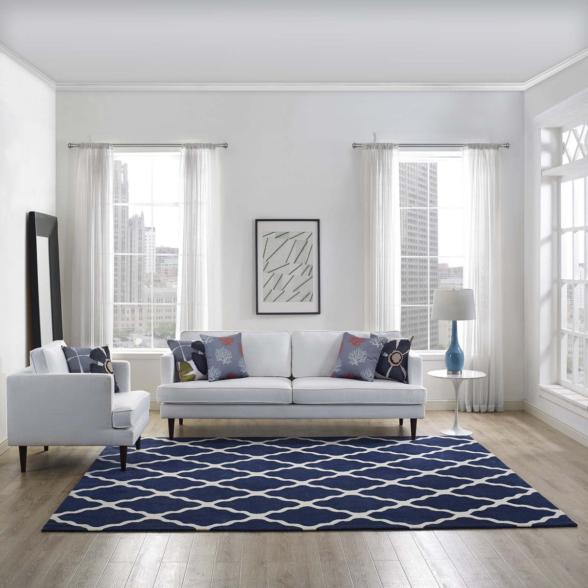 Modway Marja Moroccan Trellis 8X10 Area Rug With Lattice Design In Navy And Ivory