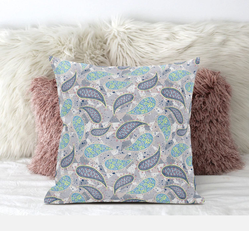 HomeRoots Cream Grey 18â€ Gray Green Boho Paisley Zippered Suede Throw Pillow