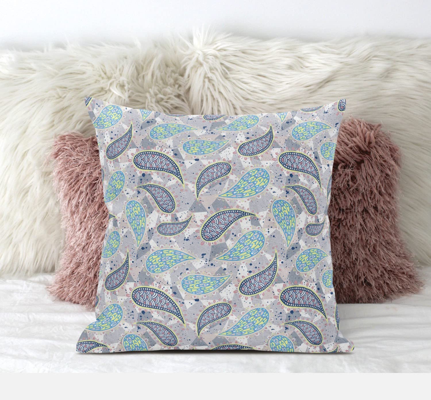 HomeRoots Cream Grey 18â€ Gray Green Boho Paisley Zippered Suede Throw Pillow