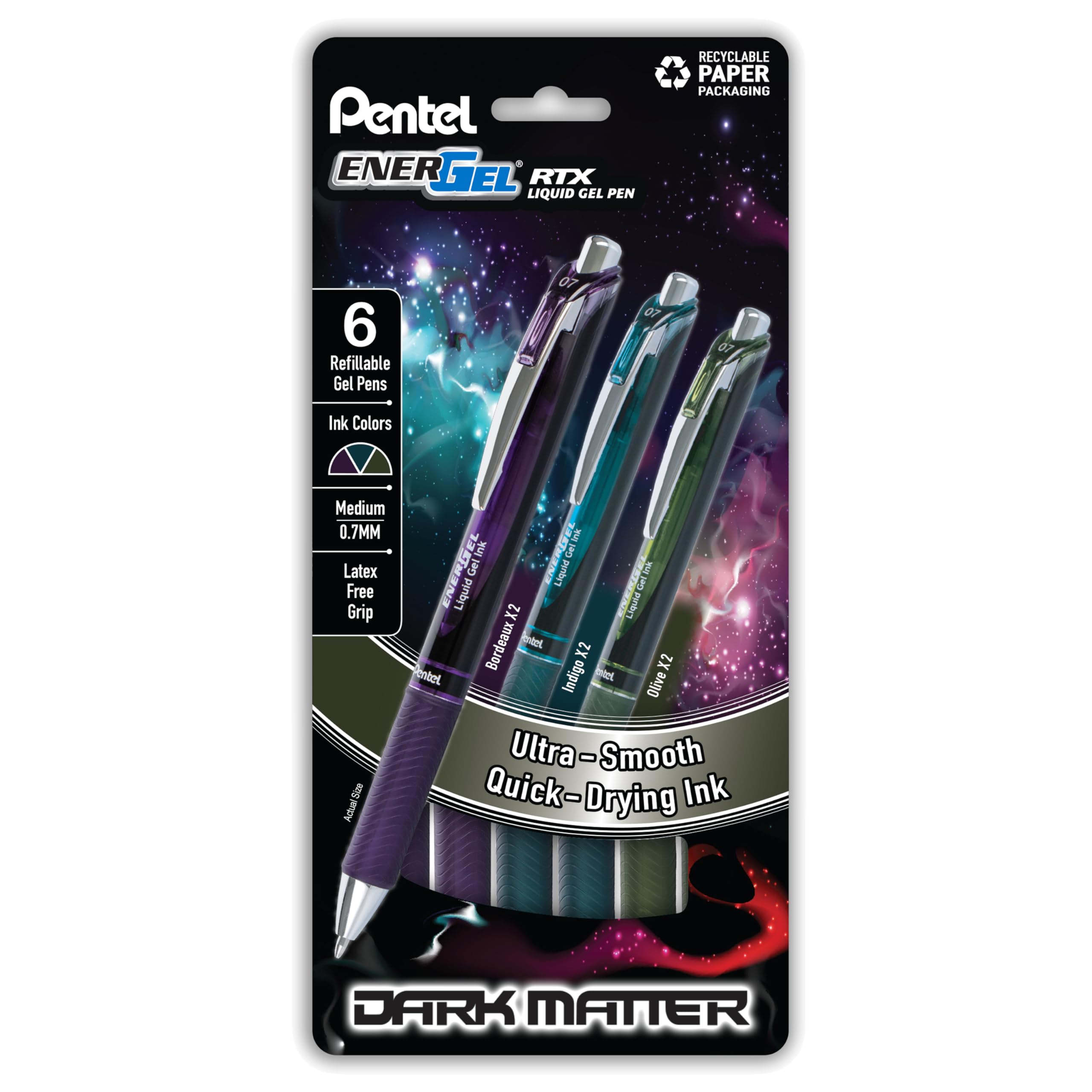 Pentel Energel Rtx Dark Matter Liquid Gel Pen, (0.7Mm), Assorted Dark Ink Colors, Pack Of 6 (Bl77Dmpf6M)