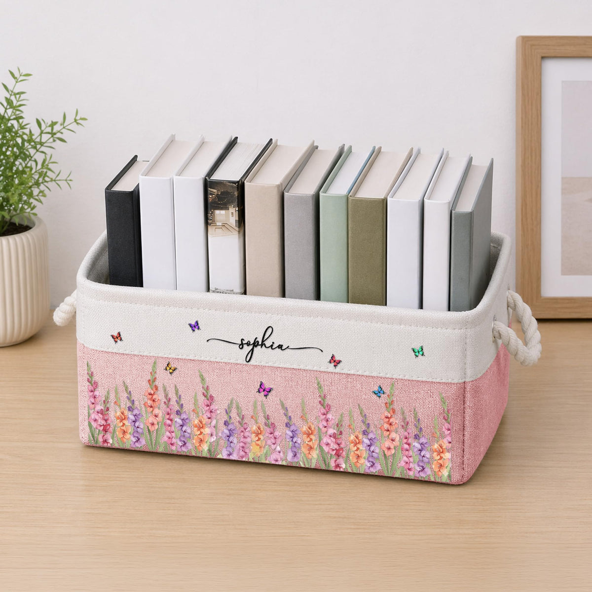 Macorner Personalized Birth Flower Storage Basket, Custom Name Book Basket Organizer Bin Gift for Women, Girls & Book Lovers