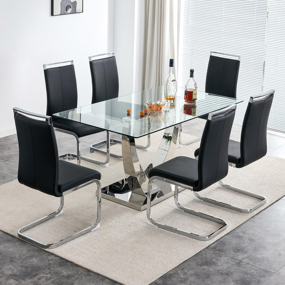 Nyeess 63” Glass Dining Table Set For 6,Modern Dining Room Table Set For 6,Kitchen Table And Pu Leather Chairs For 6, Dinner Table With Rectangle Tempered Glass Top And Chrome Silver Base