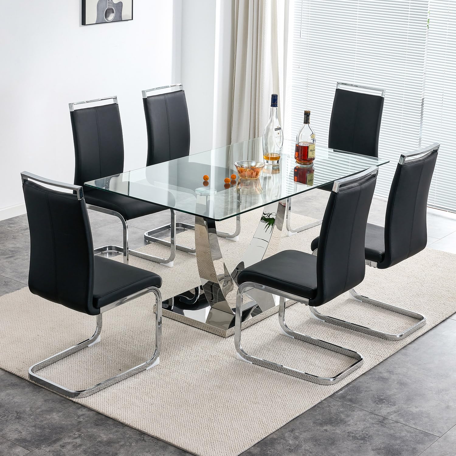 Nyeess 63” Glass Dining Table Set For 6,Modern Dining Room Table Set For 6,Kitchen Table And Pu Leather Chairs For 6, Dinner Table With Rectangle Tempered Glass Top And Chrome Silver Base