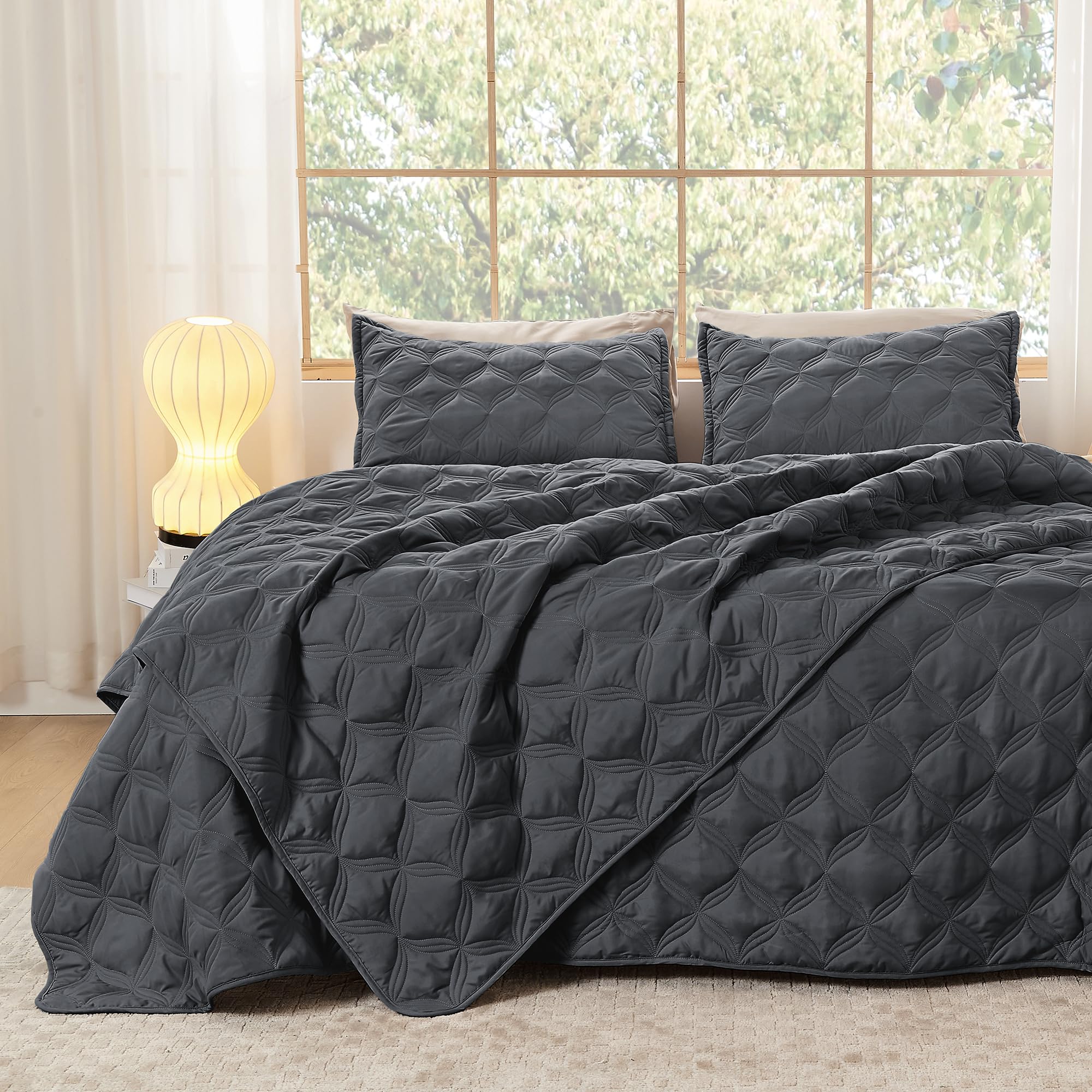 Litanika Oversized King Quilt Set Bedspread 120X120-3 Piece Grey Lightweight Comforter Coverlets Bedding Cover Bed Decor All Sea