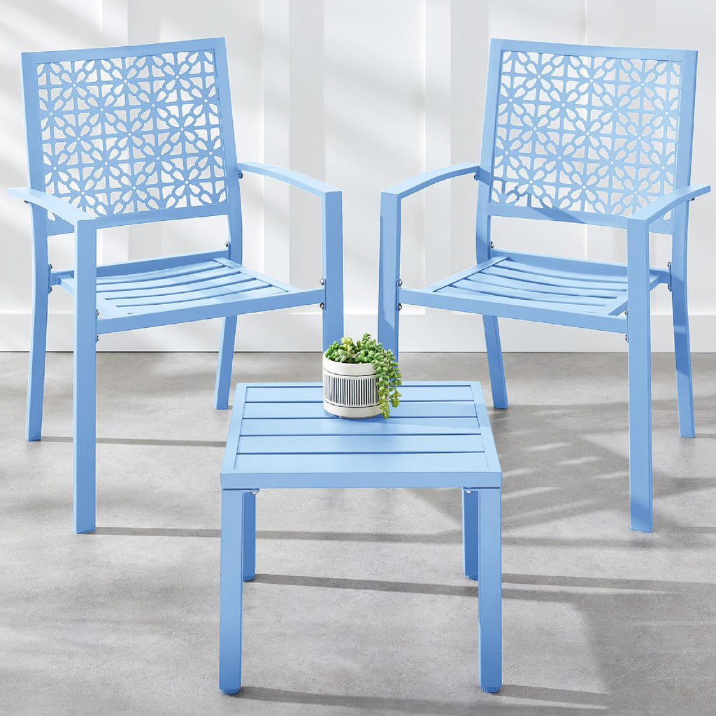 Best Choice Products 3-Piece Outdoor Bistro Set, Stackable Modern Steel Furniture For Porch, Garden W/ 2 Chairs, Table, Geometric Decor - Sky Blue