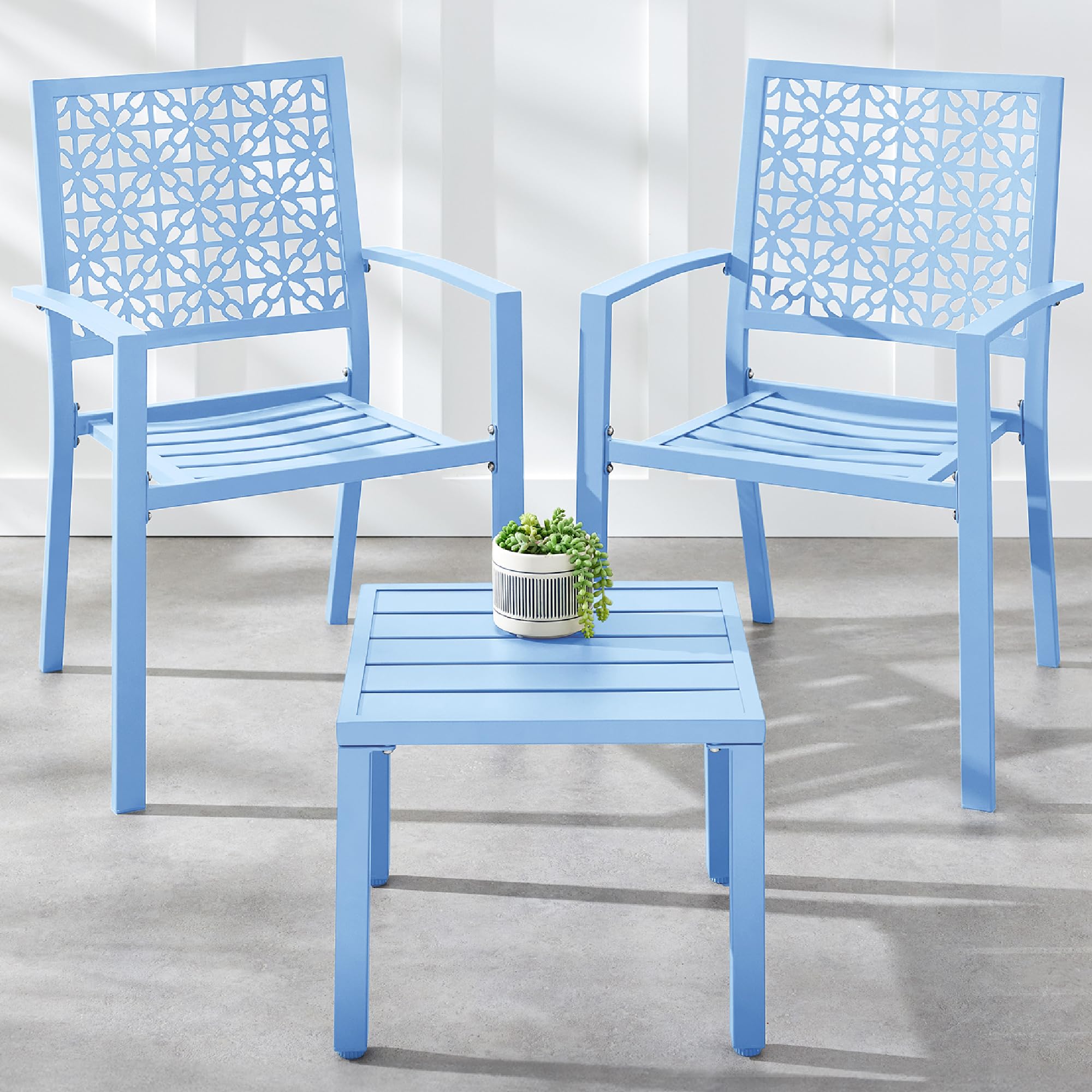 Best Choice Products 3-Piece Outdoor Bistro Set, Stackable Modern Steel Furniture For Porch, Garden W/ 2 Chairs, Table, Geometric Decor - Sky Blue