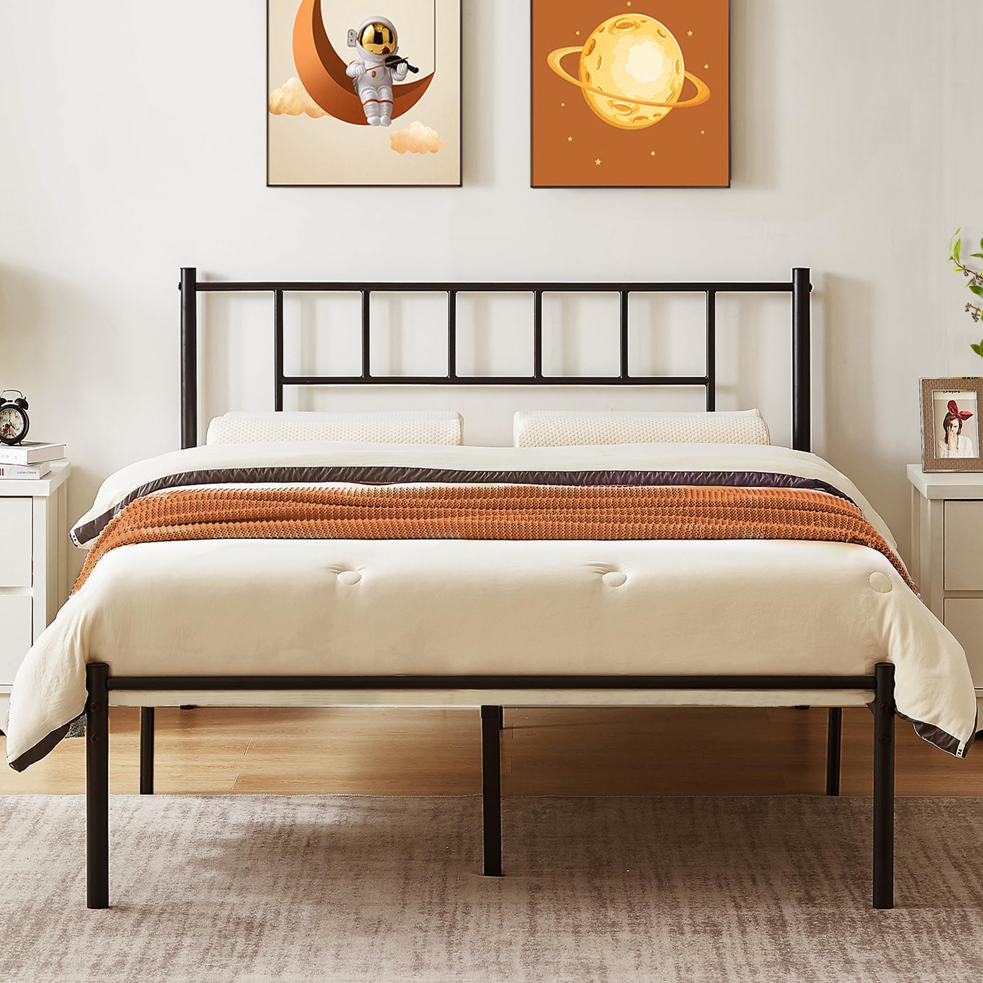 Vecelo Queen Metal Platform Bed Frame With Headboard, Heavy Duty Steel Slat Support, Under Bed Storage,No Box Spring Needed, Easy Assembly
