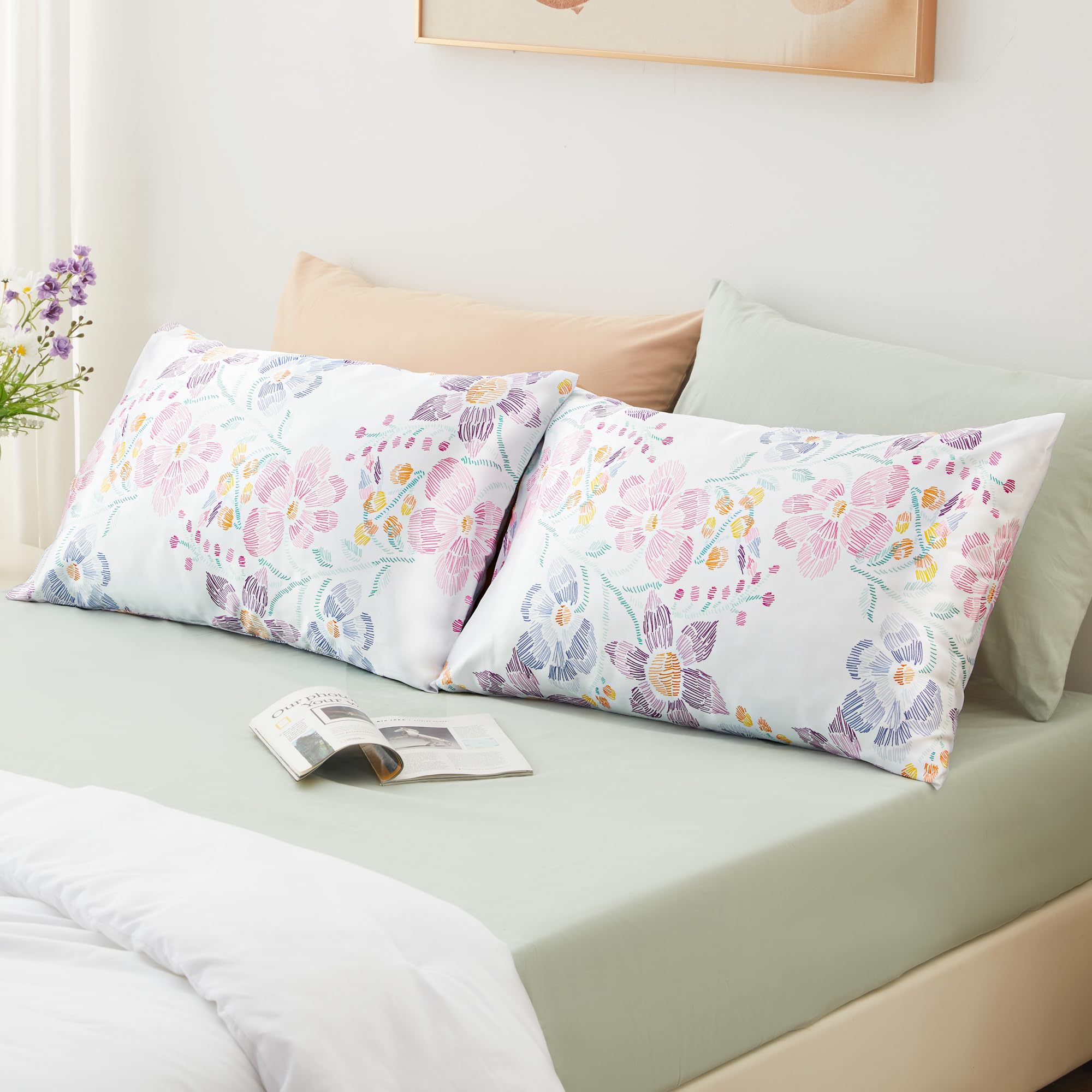 Exq Home Satin Pillowcase For Hair And Skin - Multicolor Printed Flower Silk Pillowcase 2 Pack 20X26 Inches - Standard Size Sati
