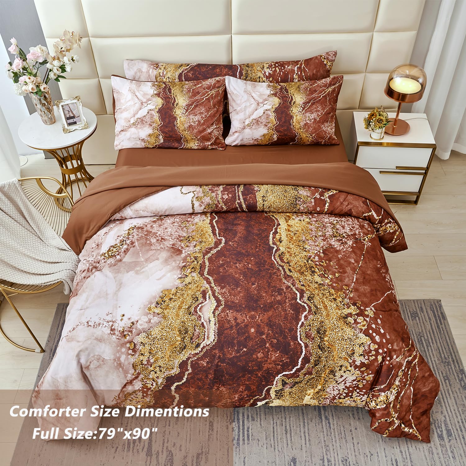 Perfemet 6 Piece Coffee Brown Bed In A Bag Full Watercolor Marble Brown Bedding Comforter Set Aesthetic Artwork Style Bed Set Wi