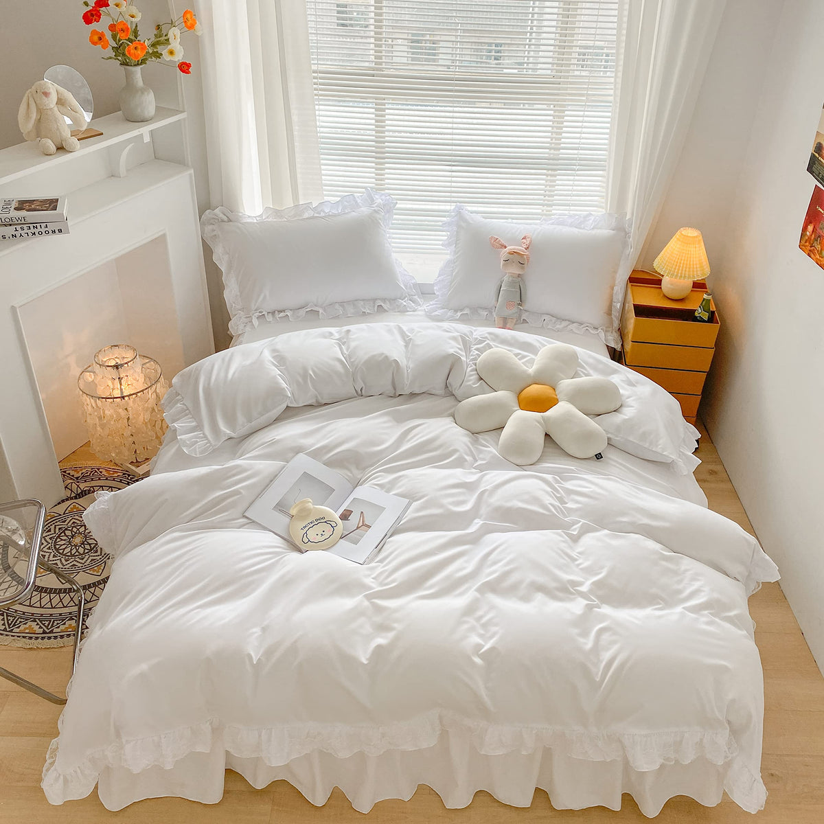 Moowoo Chic Ruffle Lace Polyester Duvet Cover Set -Girl White Bedding-3 Piece Full Duvet Cover With Zipper Closure -Ultra Soft A